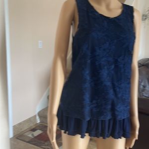 Neiman Marcus Navy Blue Two Layers Top with Embroidered Upper Layer, Size S.